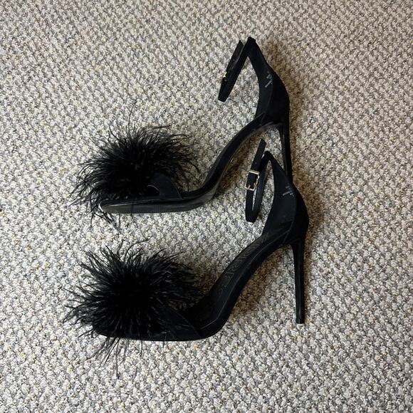 INSANE Stunning express black fluffy puff feather toed heels - Picture 3 of 6